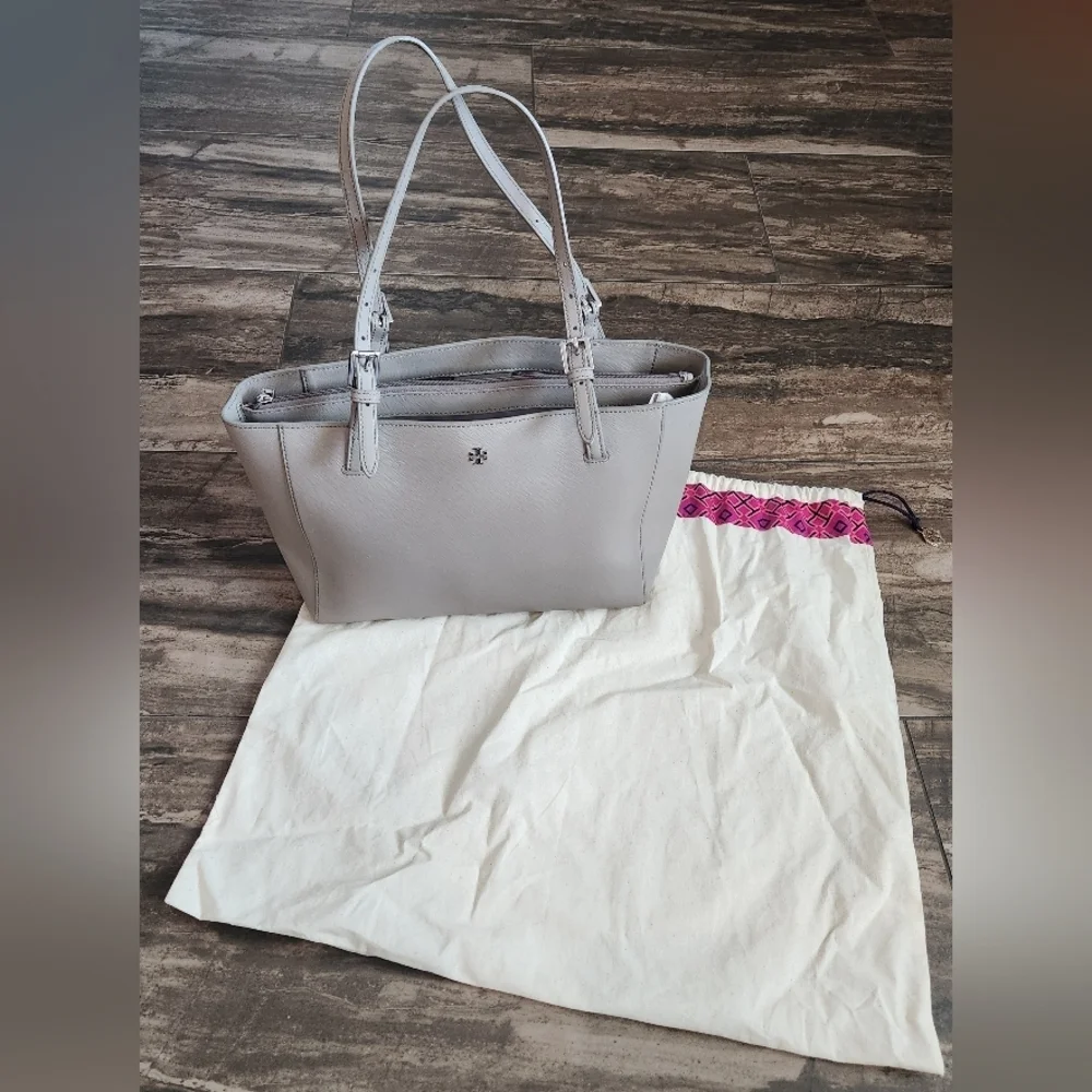 Tory Burch Light Grey Saffiano Leather Tote Bag